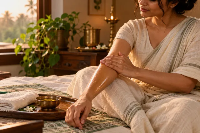 A woman applying warm sesame oil to her forearm for Abhyanga