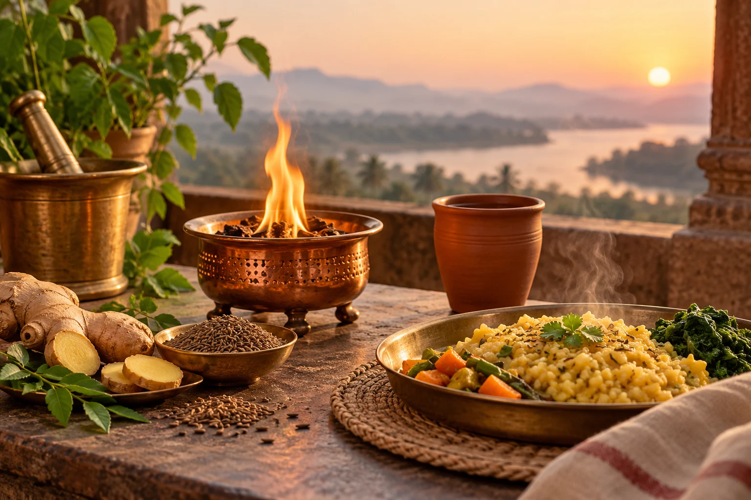 A steady flame beside a warm meal, ginger, cumin, and a clay water cup