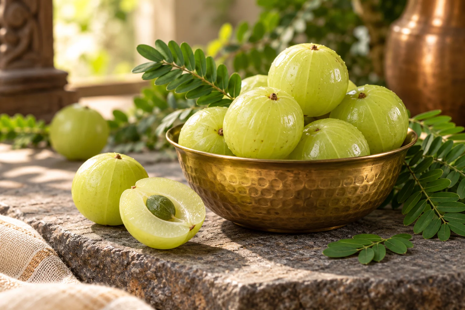 Fresh ribbed amla fruits and leaves arranged in a brass bowl