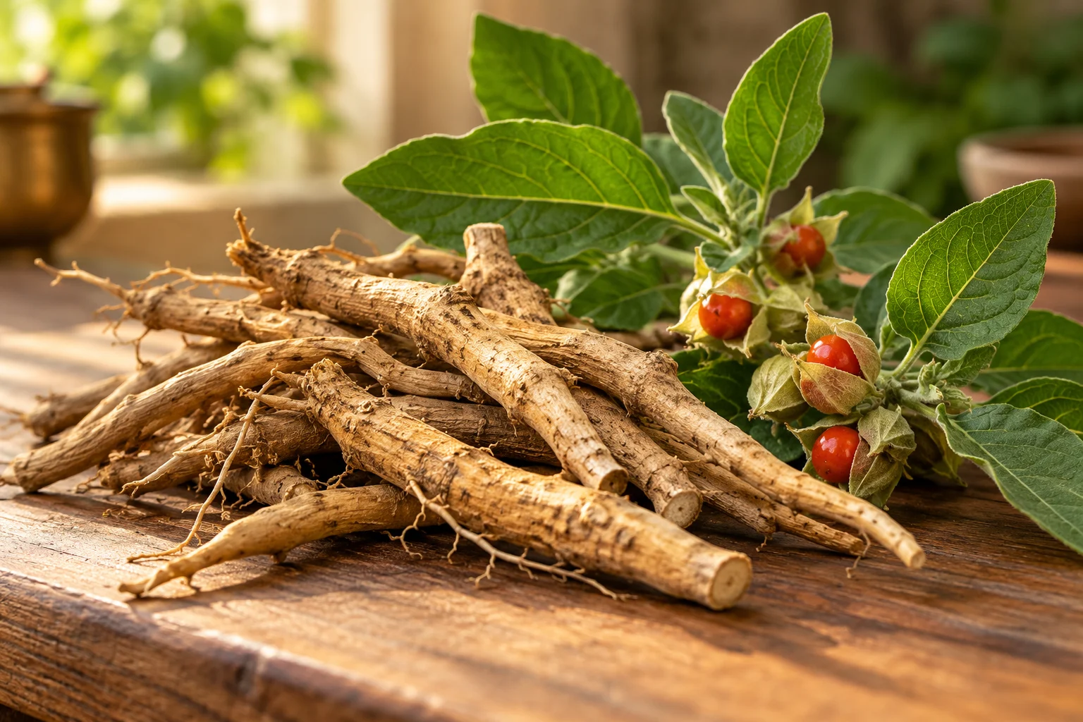 Ashwagandha roots, leaves, and orange-red berries on a wooden surface