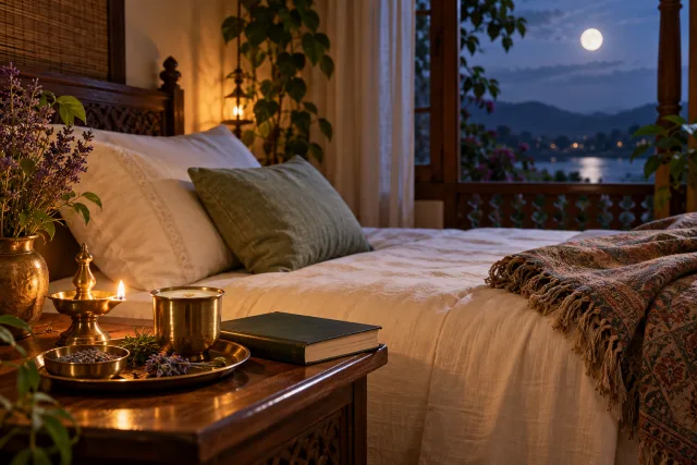 A peaceful Ayurvedic bedtime setting with a warm lamp and prepared bed