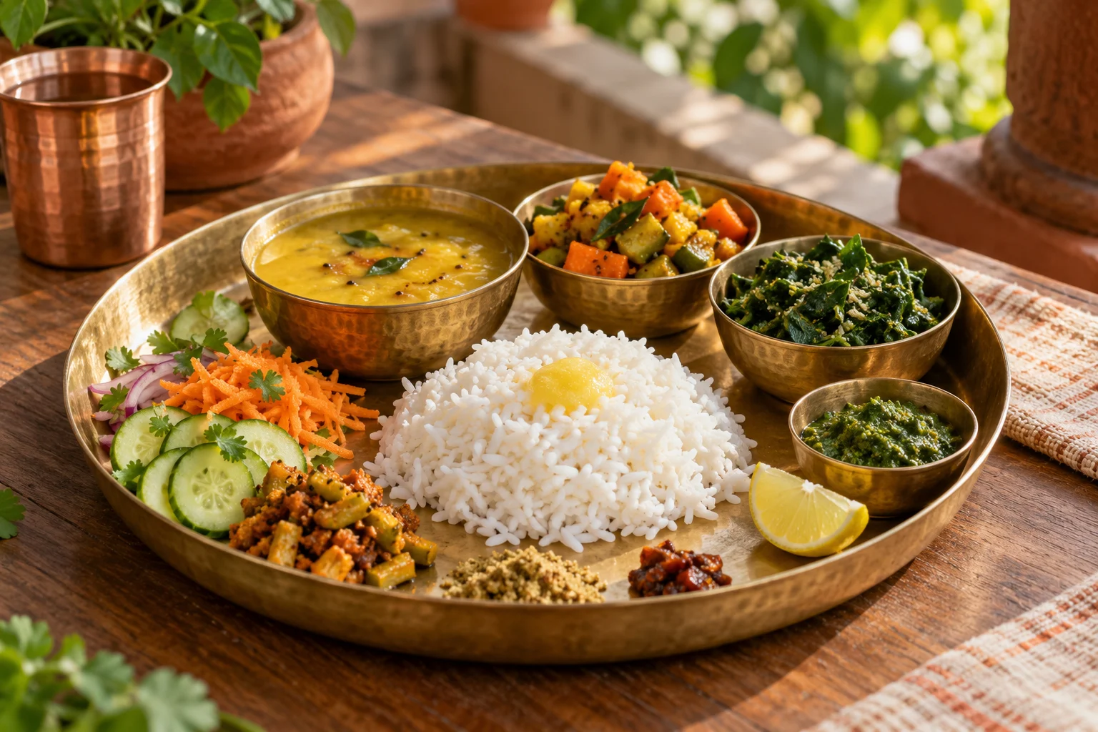 A balanced Indian meal presenting the six Ayurvedic tastes on a brass thali