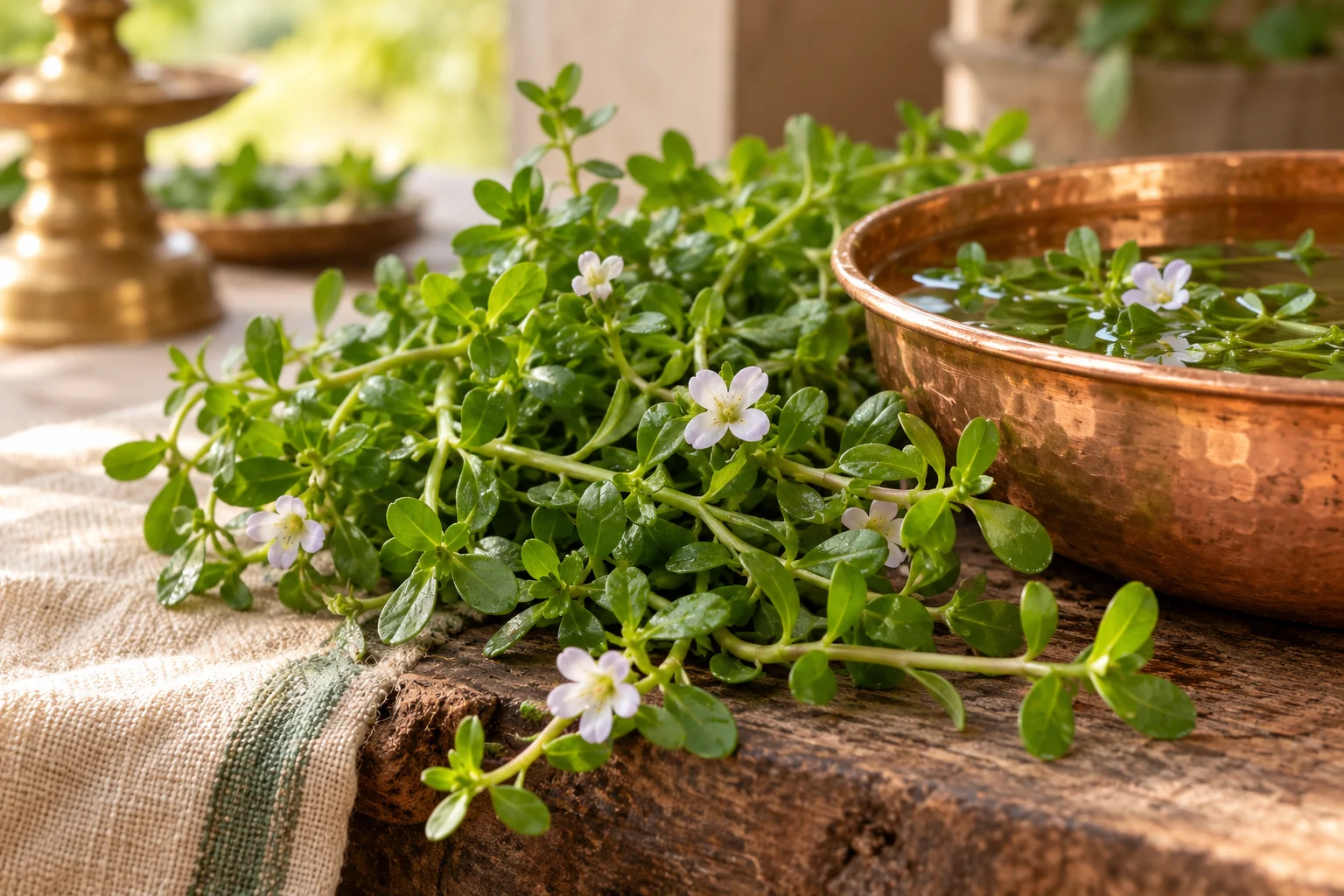 Fresh Brahmi stems with small oval leaves beside a copper water bowl
