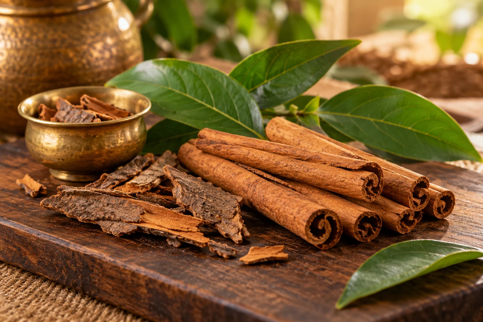 Cinnamon bark quills and green leaves arranged on a wooden spice board