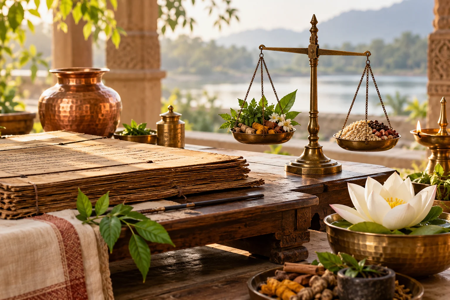 Palm-leaf manuscript, balance scale, herbs, grain, lotus, and a steady lamp
