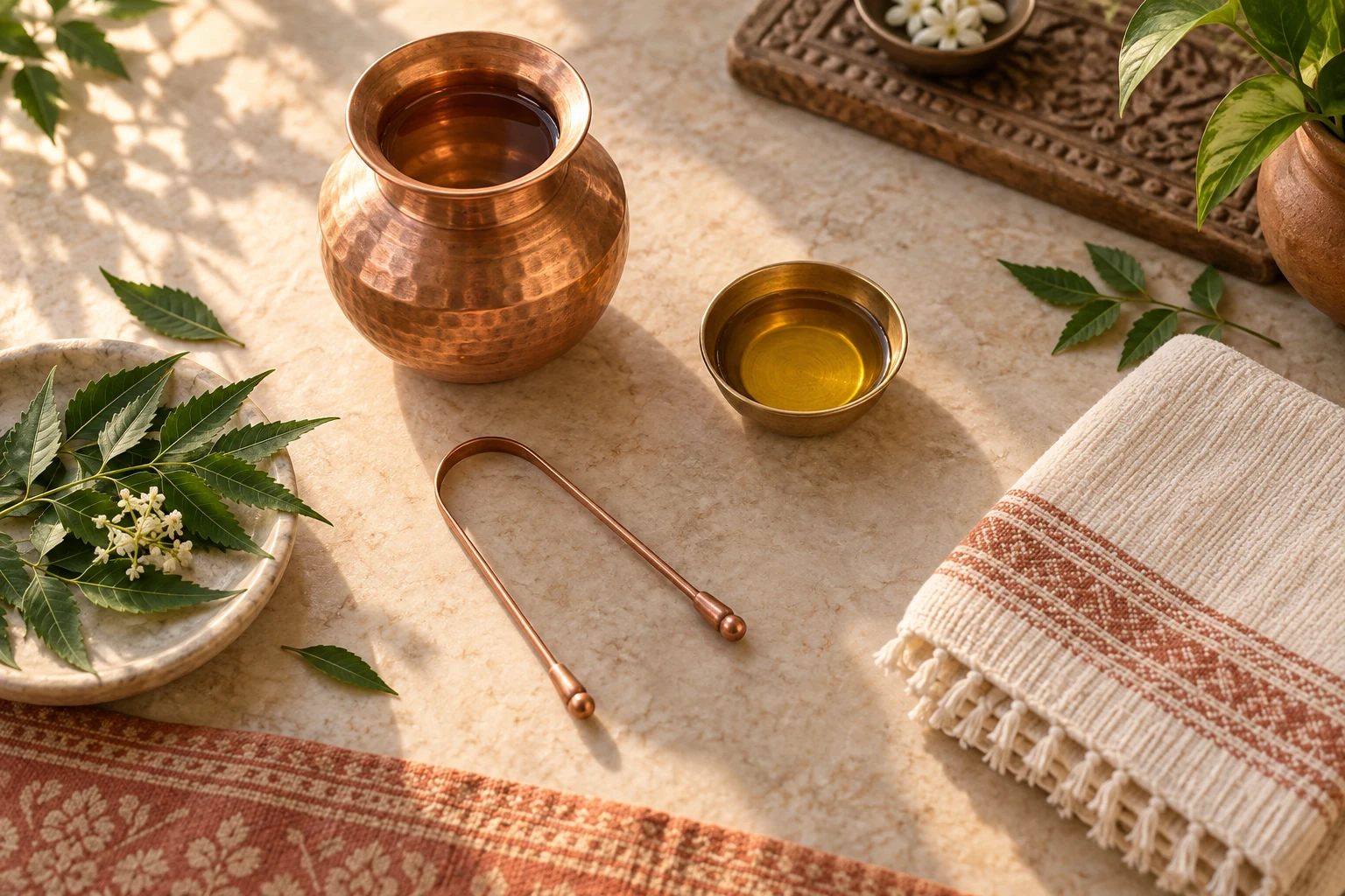 Ayurvedic morning routine with copper water vessel, tongue scraper, sesame oil, neem leaves and cotton towel