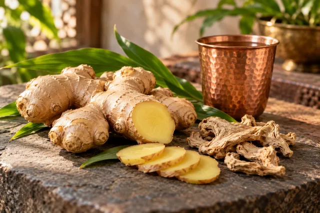 Fresh and dried ginger arranged beside a copper cup