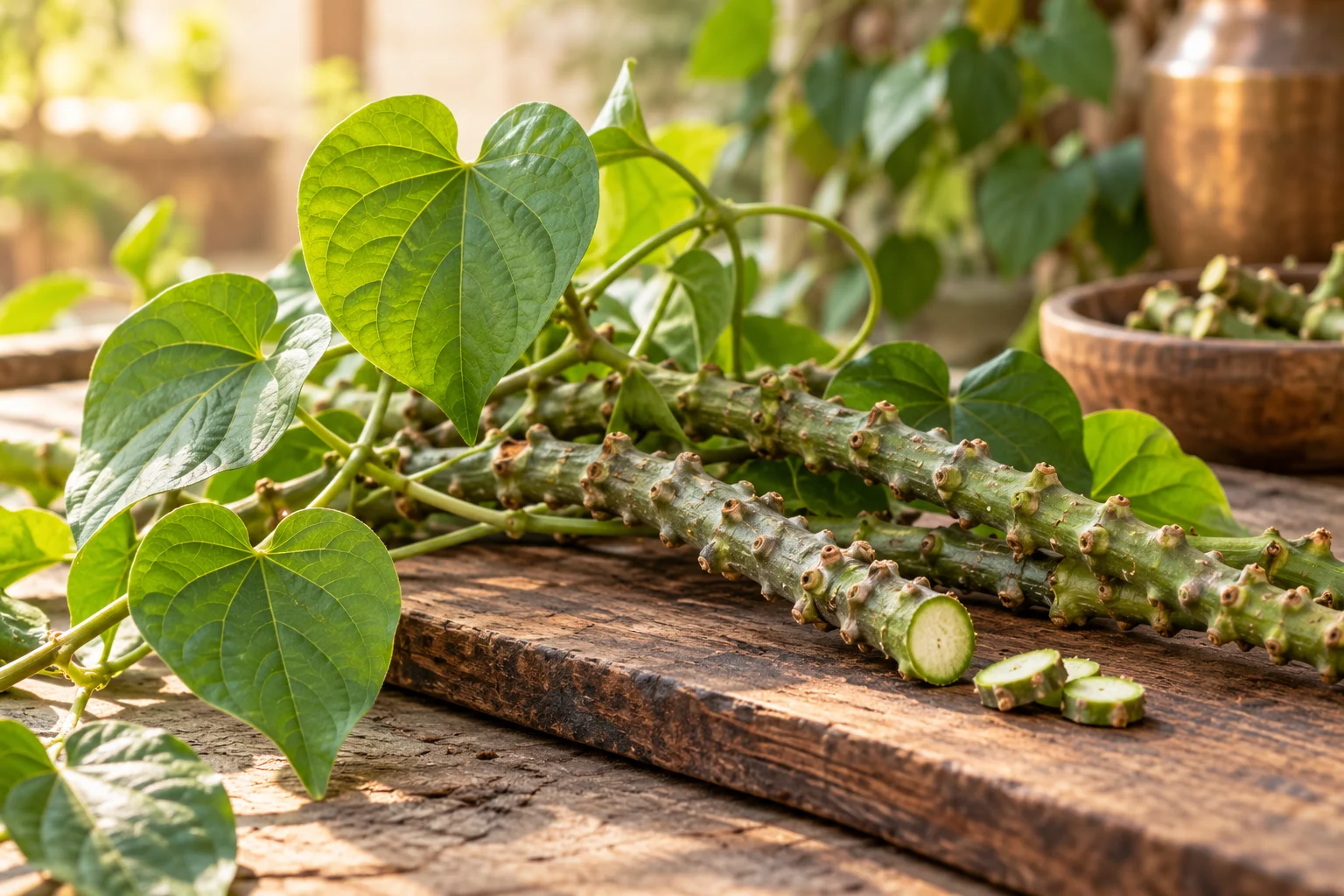 Guduchi vine with segmented green stems and heart-shaped leaves