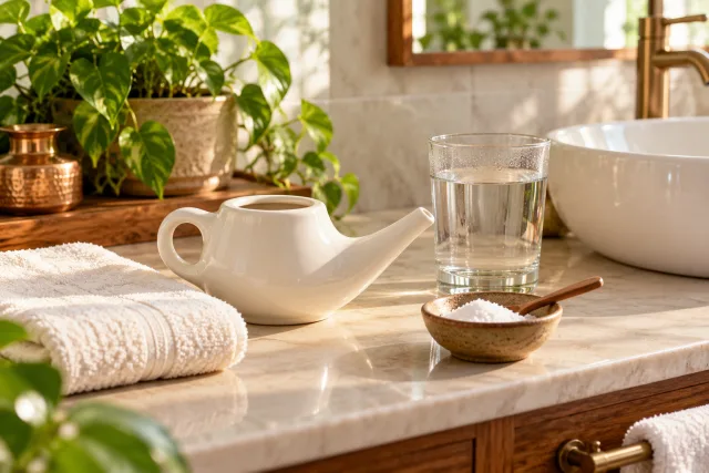 A ceramic neti pot with saline water and a clean cotton towel