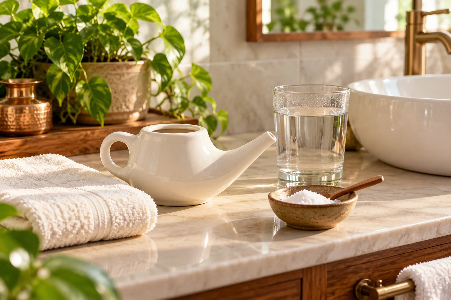 A ceramic neti pot with saline water and a clean cotton towel