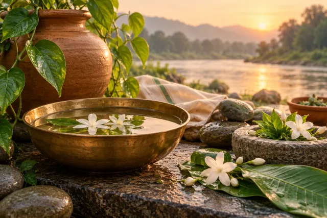 Still water, river stones, green leaves, and clay vessels representing Kapha
