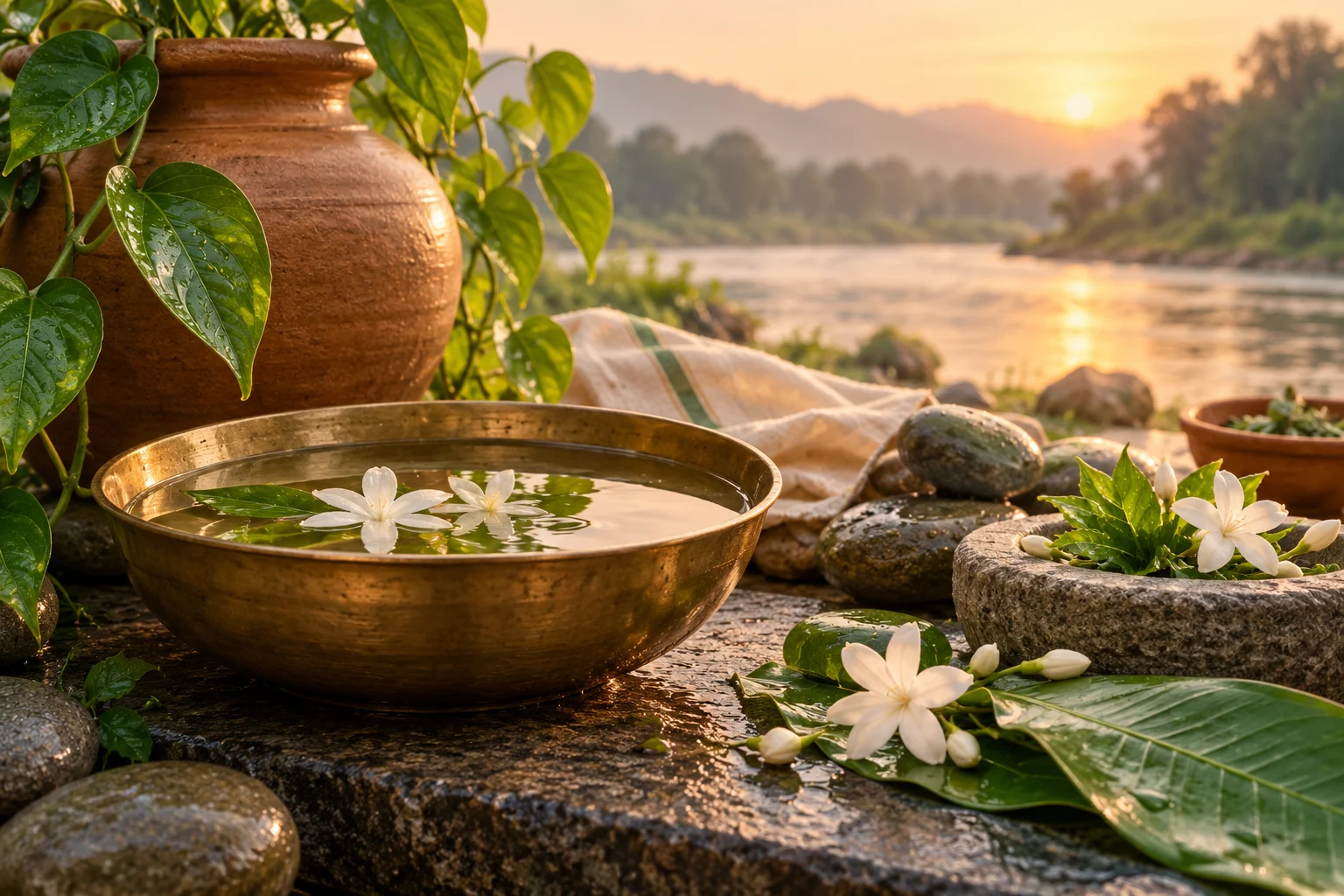 Still water, river stones, green leaves, and clay vessels representing Kapha