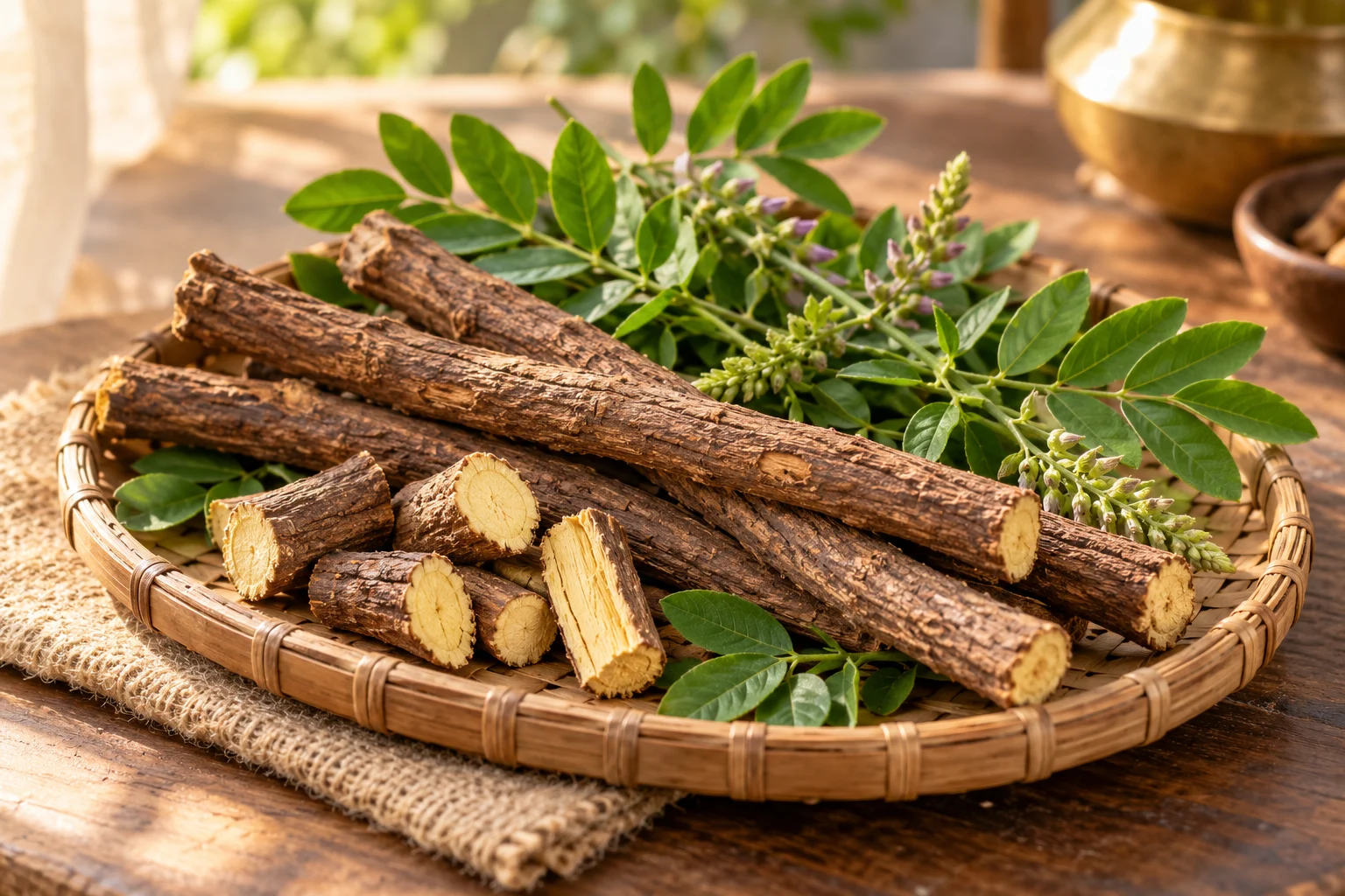 Whole and cut licorice roots with fresh green leaves in a woven tray