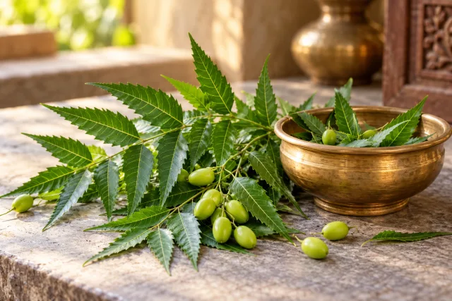Fresh neem branches with serrated leaves beside a brass bowl