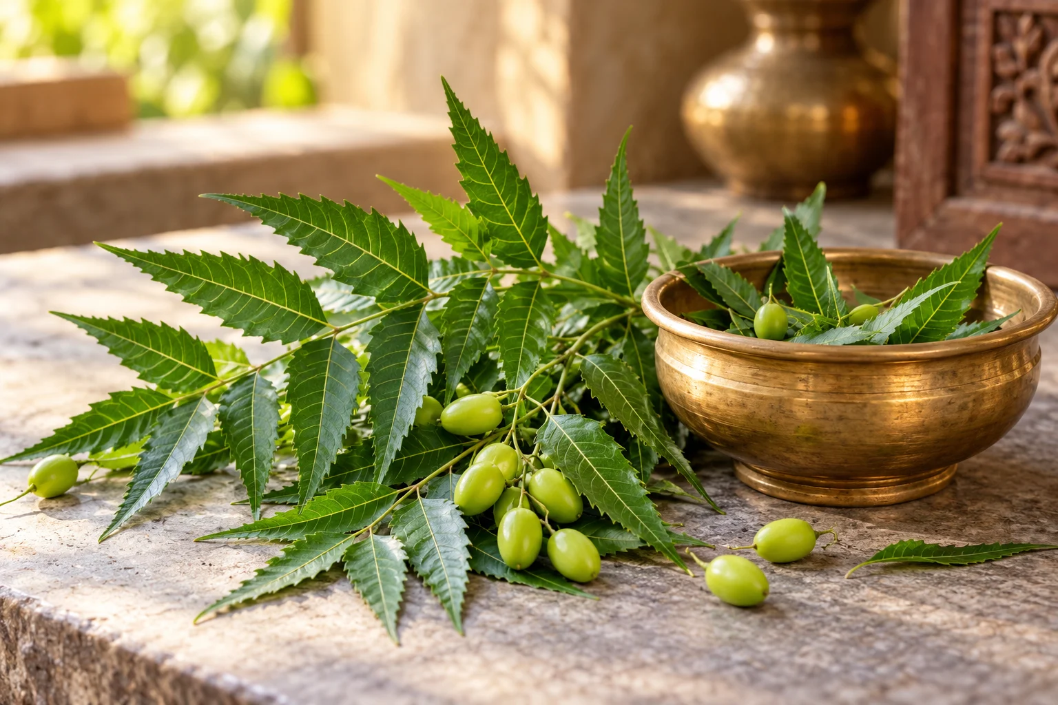 Fresh neem branches with serrated leaves beside a brass bowl