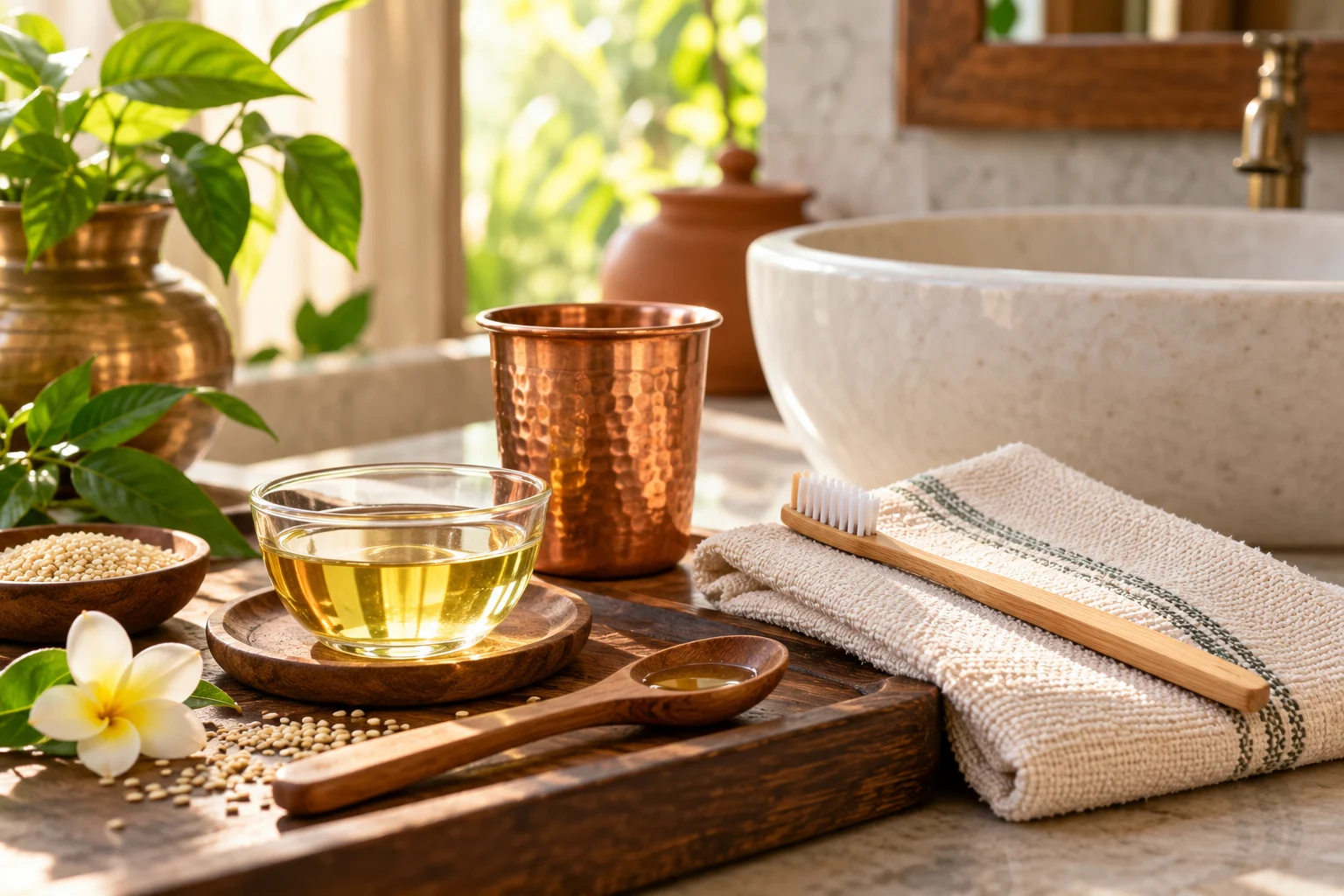 Sesame oil, a wooden spoon, copper cup, and towel in a morning oral-care setting