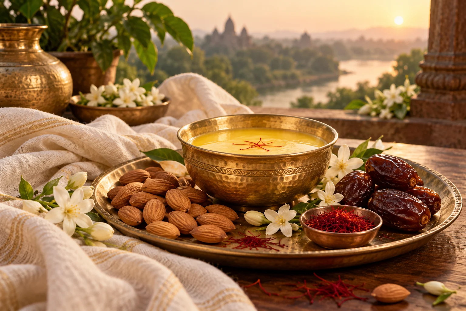 A nourishing golden bowl with almonds, dates, saffron, and jasmine
