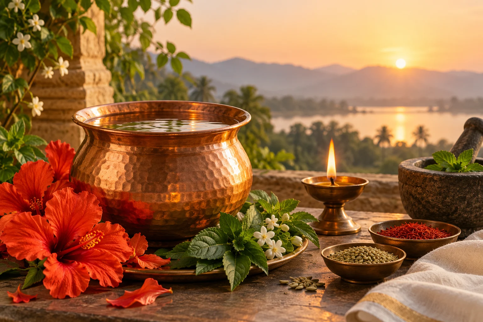 Copper water vessel, lamp flame, flowers, and leaves representing Pitta