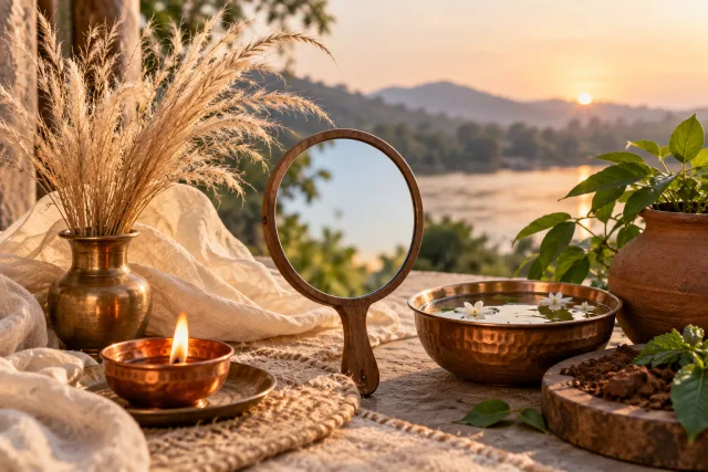 Air, fire, water, and earth elements arranged around a hand mirror