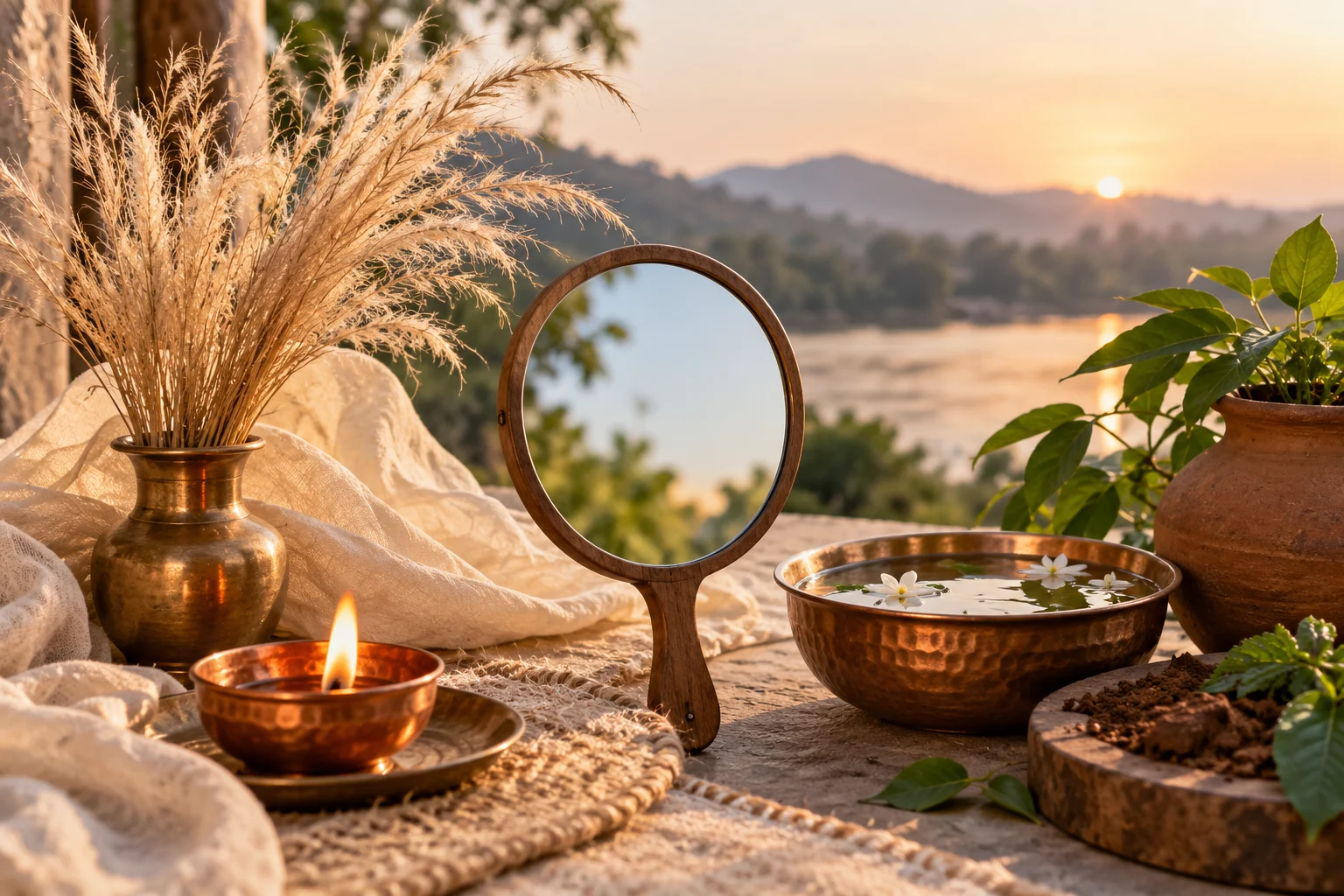 Air, fire, water, and earth elements arranged around a hand mirror