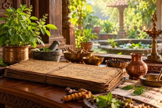 Palm-leaf manuscript with a medicinal plant, prepared herbs, and copper tools