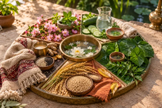 Seasonal foods, flowers, leaves, grain, and warm cloth arranged for Ritucharya