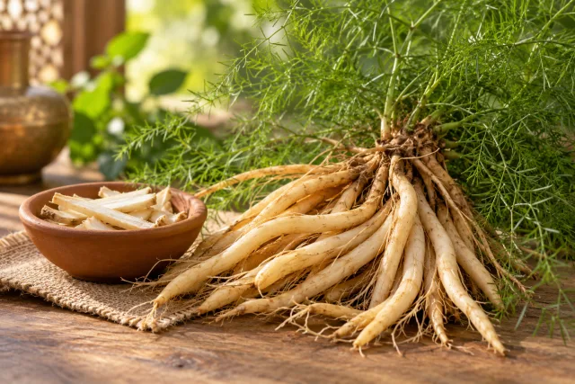 Shatavari tuberous roots and delicate green foliage beside a clay bowl