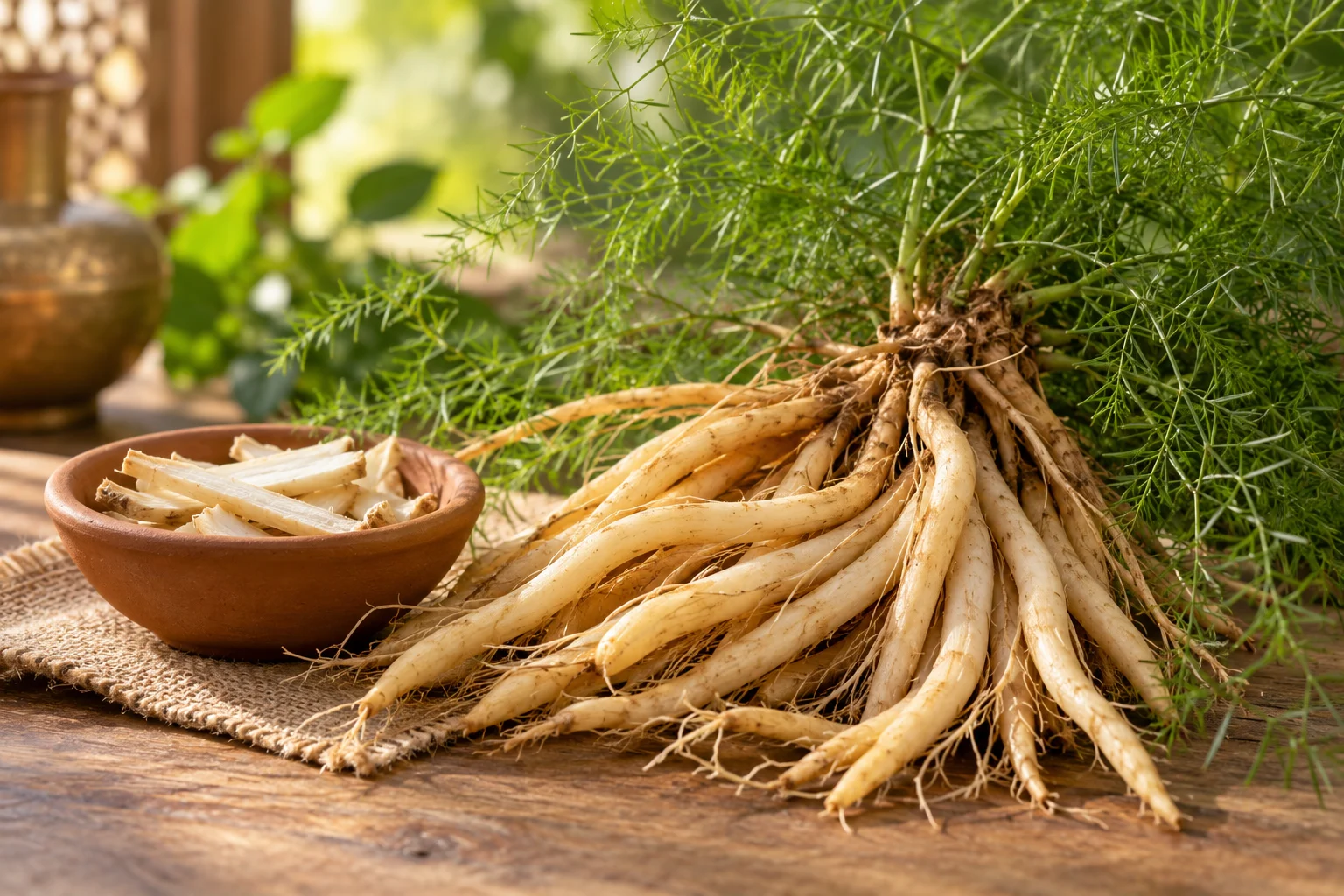 Shatavari tuberous roots and delicate green foliage beside a clay bowl