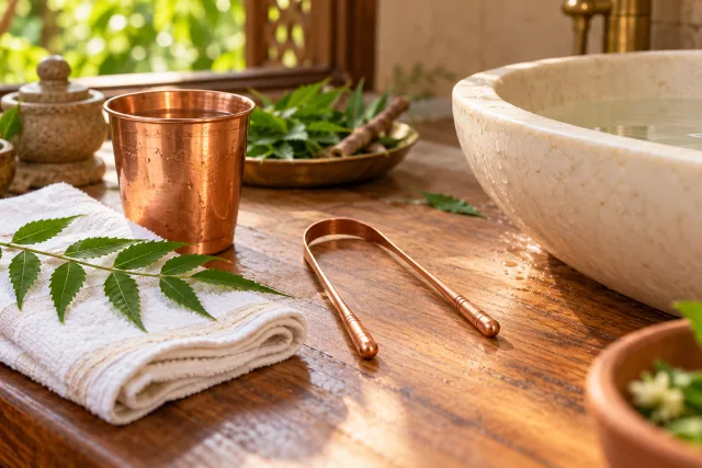 A copper tongue scraper, water cup, towel, and neem twig by a clean basin