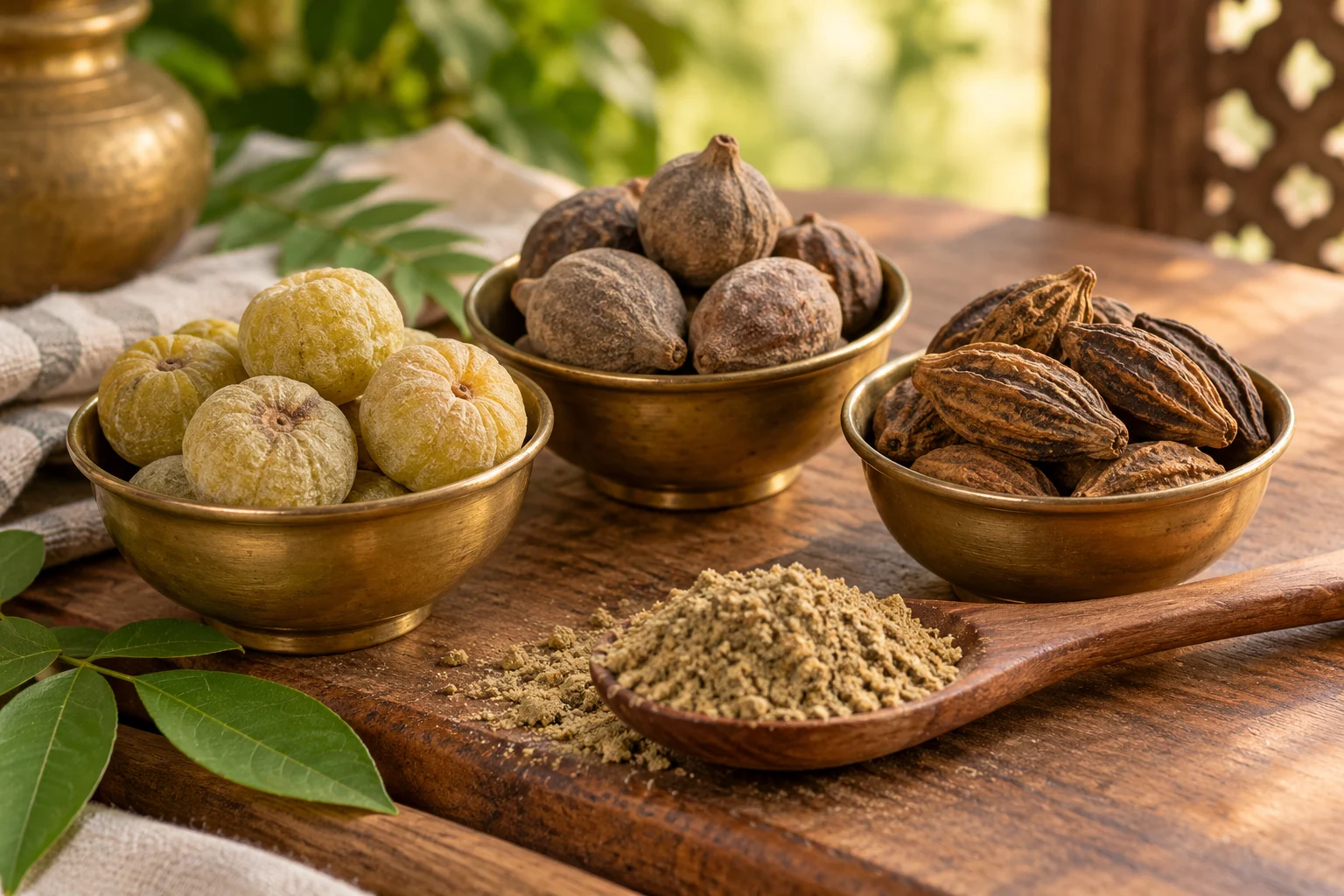 The three dried fruits of Triphala arranged in small brass bowls
