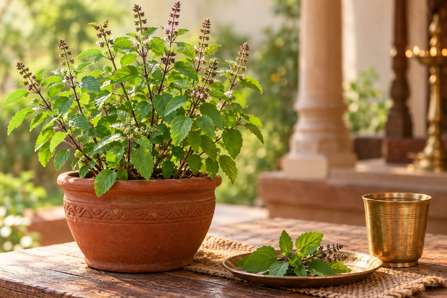 A healthy sacred Tulsi plant in a traditional terracotta planter