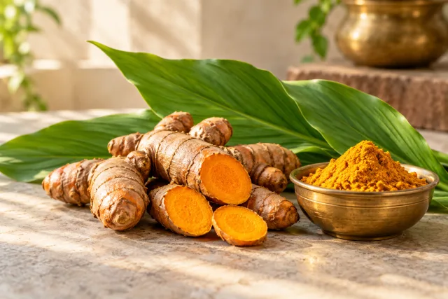 Fresh turmeric roots, green leaves, and ground turmeric in a brass bowl