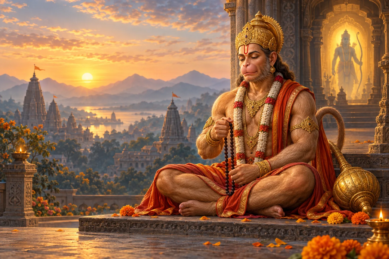 Lord Hanuman seated in peaceful japa at sunrise with a mala and gada beside him