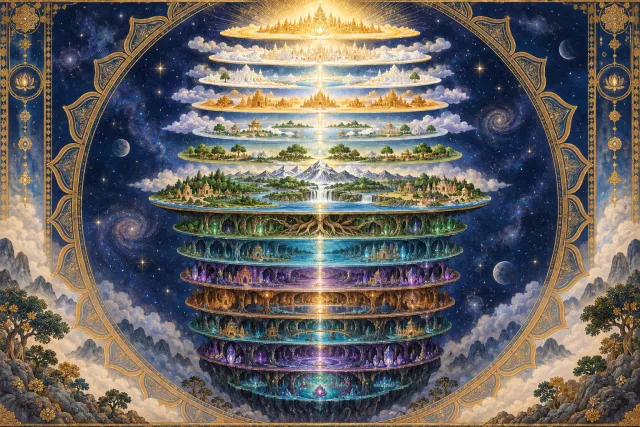 Symbolic illustration of the fourteen lokas arranged as seven upper and seven lower cosmic realms