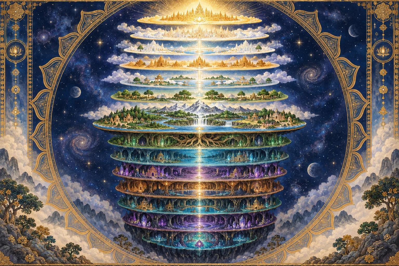 Symbolic illustration of the fourteen lokas arranged as seven upper and seven lower cosmic realms