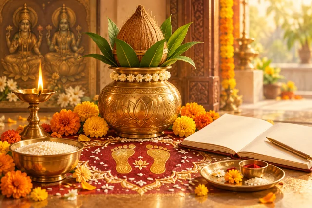 A brass kalash, rice, marigolds, and a diya arranged for Akshaya Tritiya