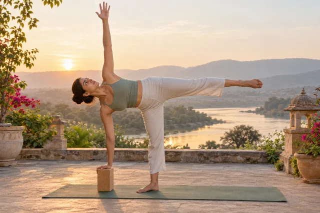 A yoga practitioner demonstrating Ardha Chandrasana with a block at sunrise
