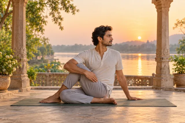 A yoga practitioner demonstrating the seated Ardha Matsyendrasana twist