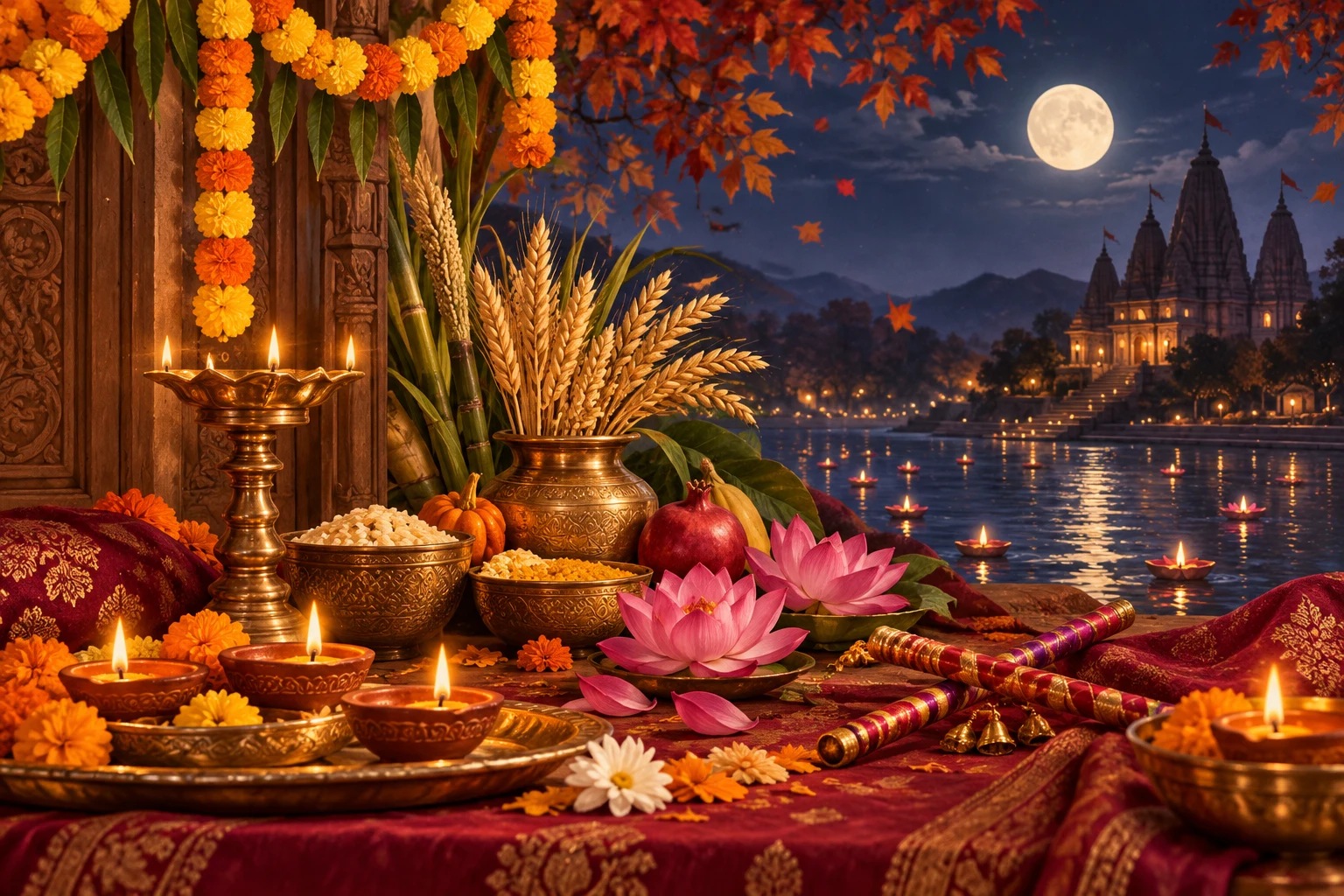 Autumn festival lamps, marigolds, harvest grain, lotus flowers, and dandiya sticks