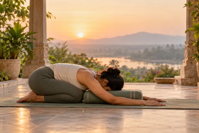 A yoga practitioner resting in supported Balasana at sunrise