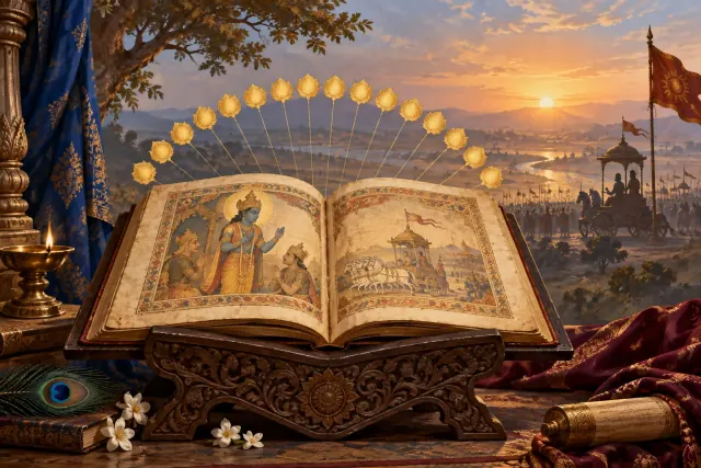 Open Bhagavad Gita with eighteen golden lotus markers overlooking Kurukshetra at sunrise