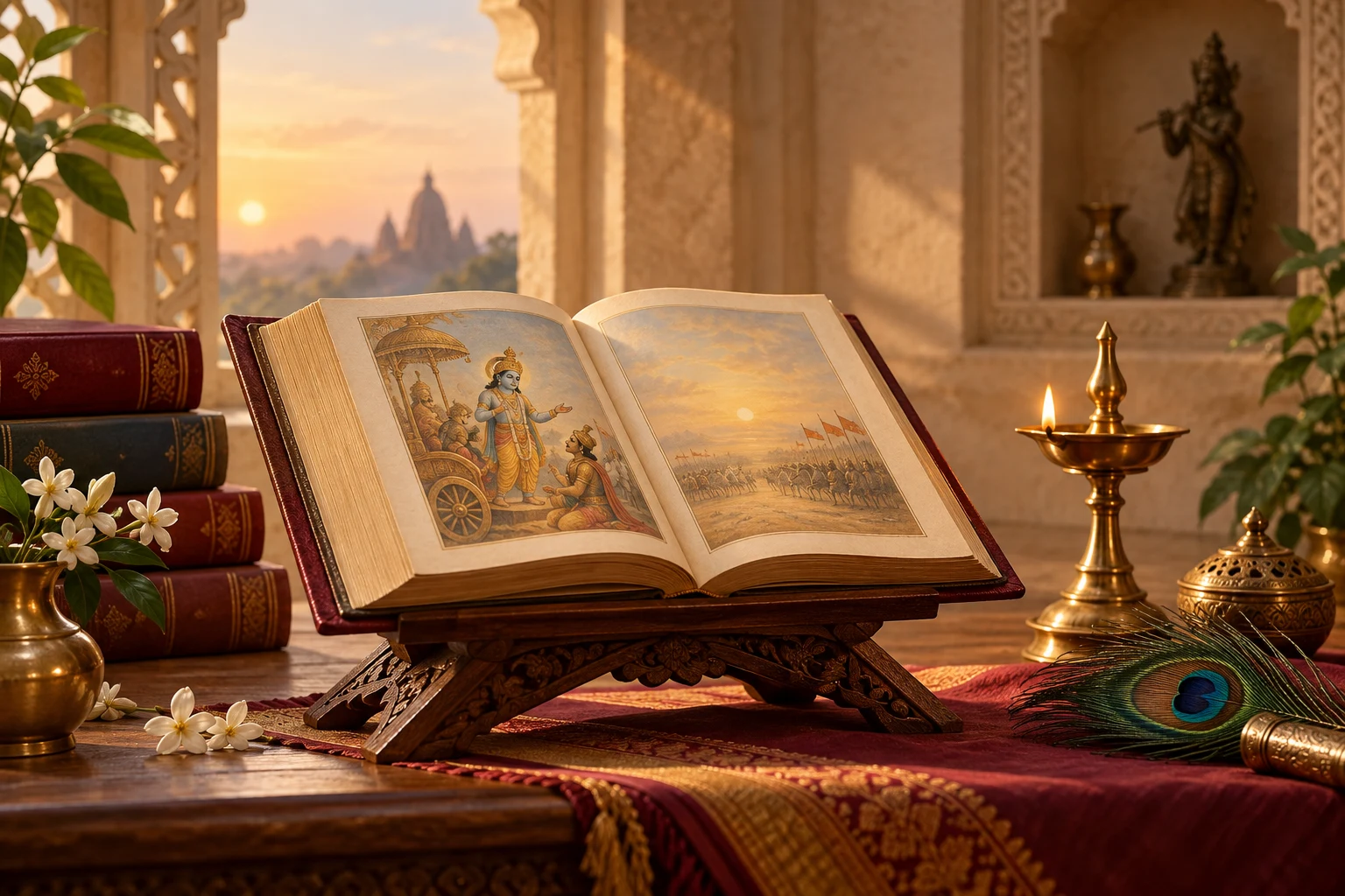Open Bhagavad Gita on a carved reading stand beside a diya and peacock feather at sunrise