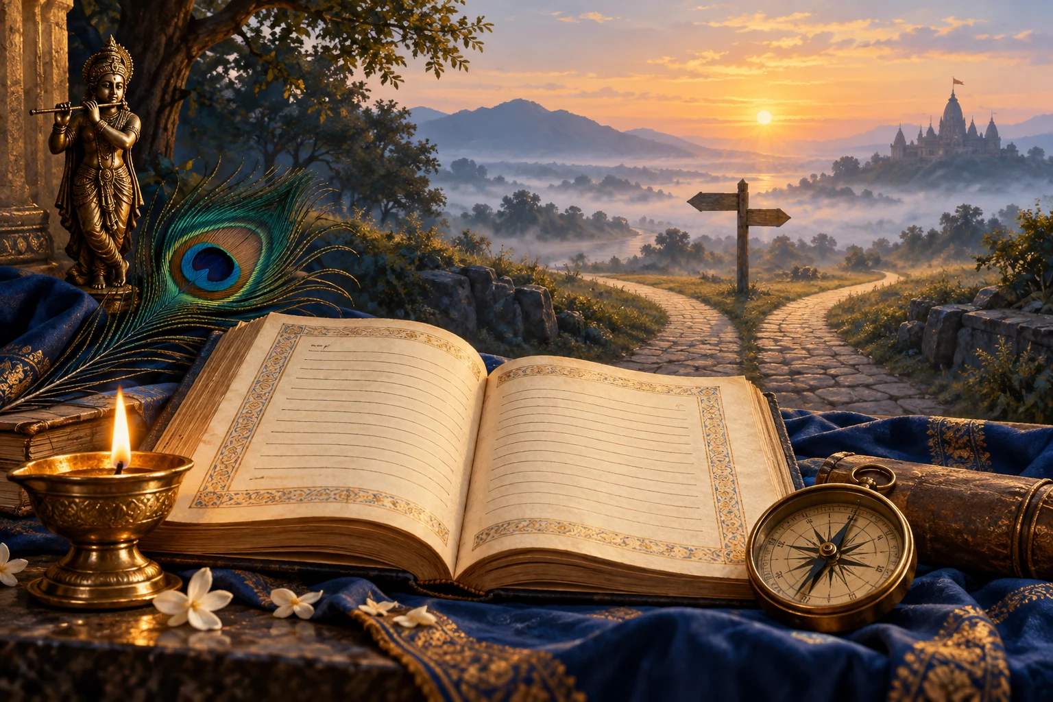 An open sacred book, compass, lamp, and two paths symbolizing thoughtful decisions