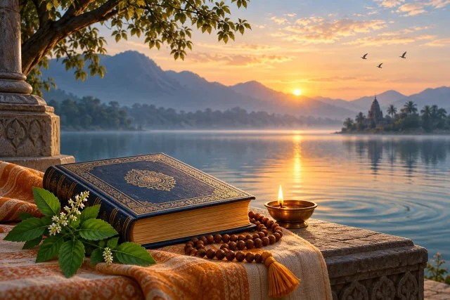 A Bhagavad Gita, tulsi leaves, prayer beads, and a lamp beside a calm dawn lake