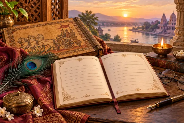 Open study journal beside a Bhagavad Gita manuscript, peacock feather and diya at sunrise