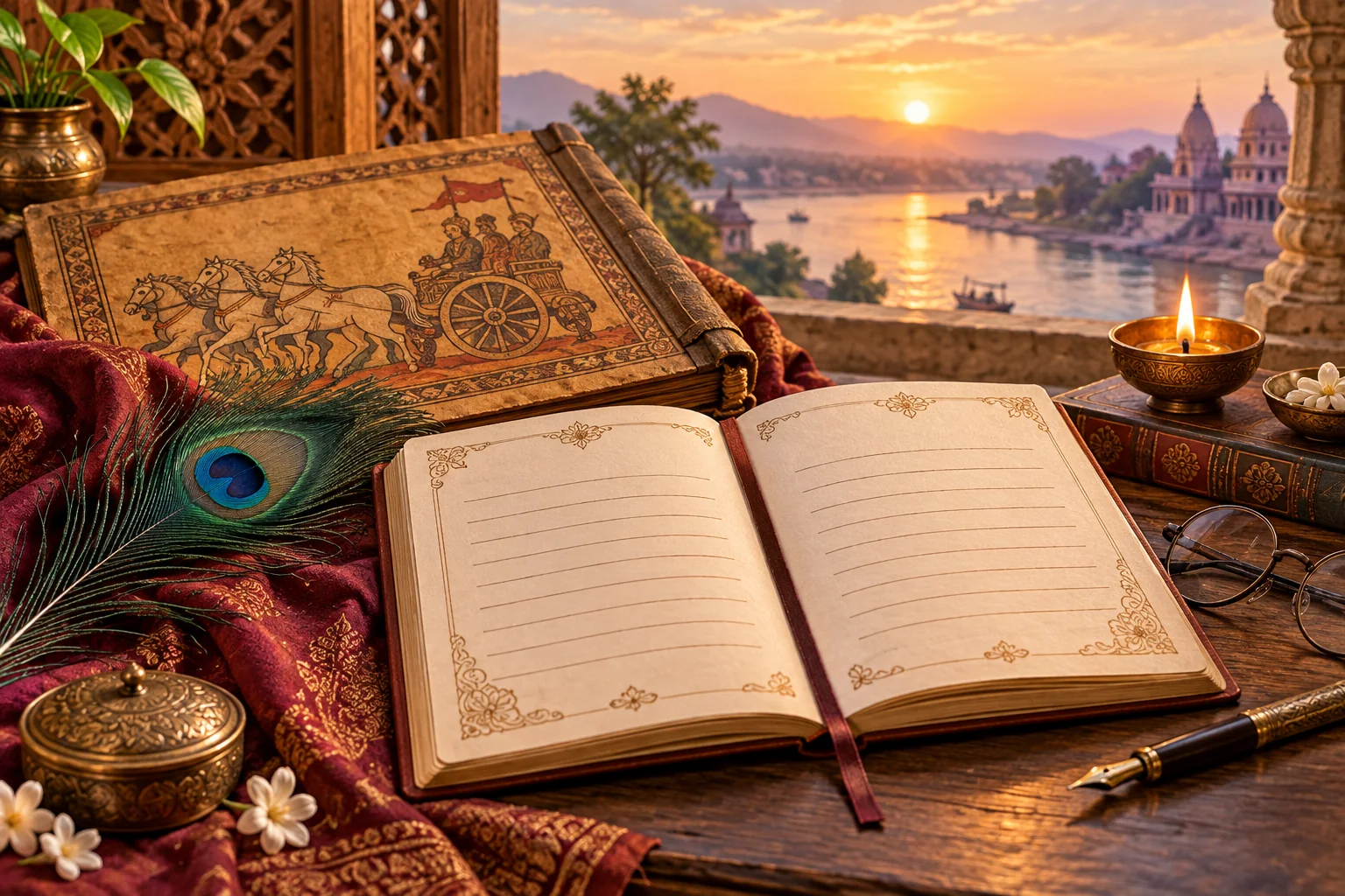 Open study journal beside a Bhagavad Gita manuscript, peacock feather and diya at sunrise