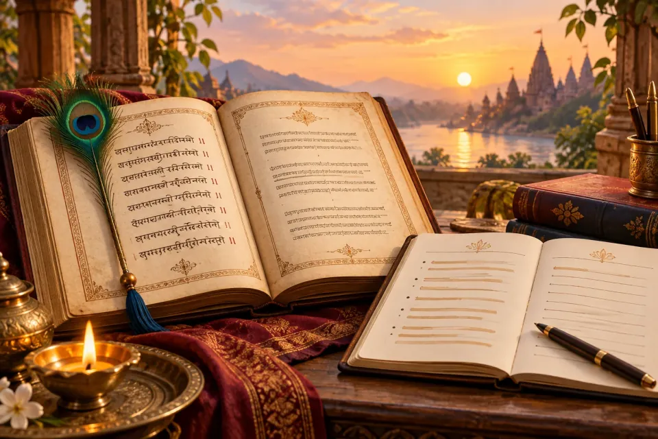 An open Sanskrit scripture overlooking temples at sunrise