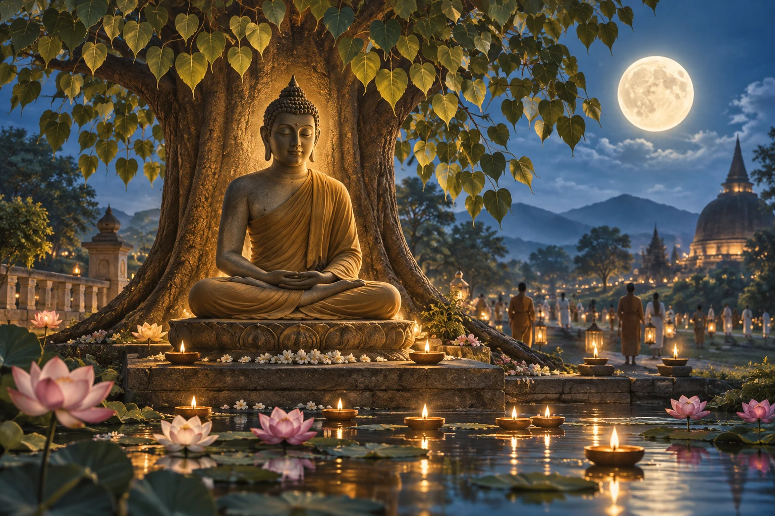 A serene Buddha beneath the Bodhi tree with lotus flowers and a full moon