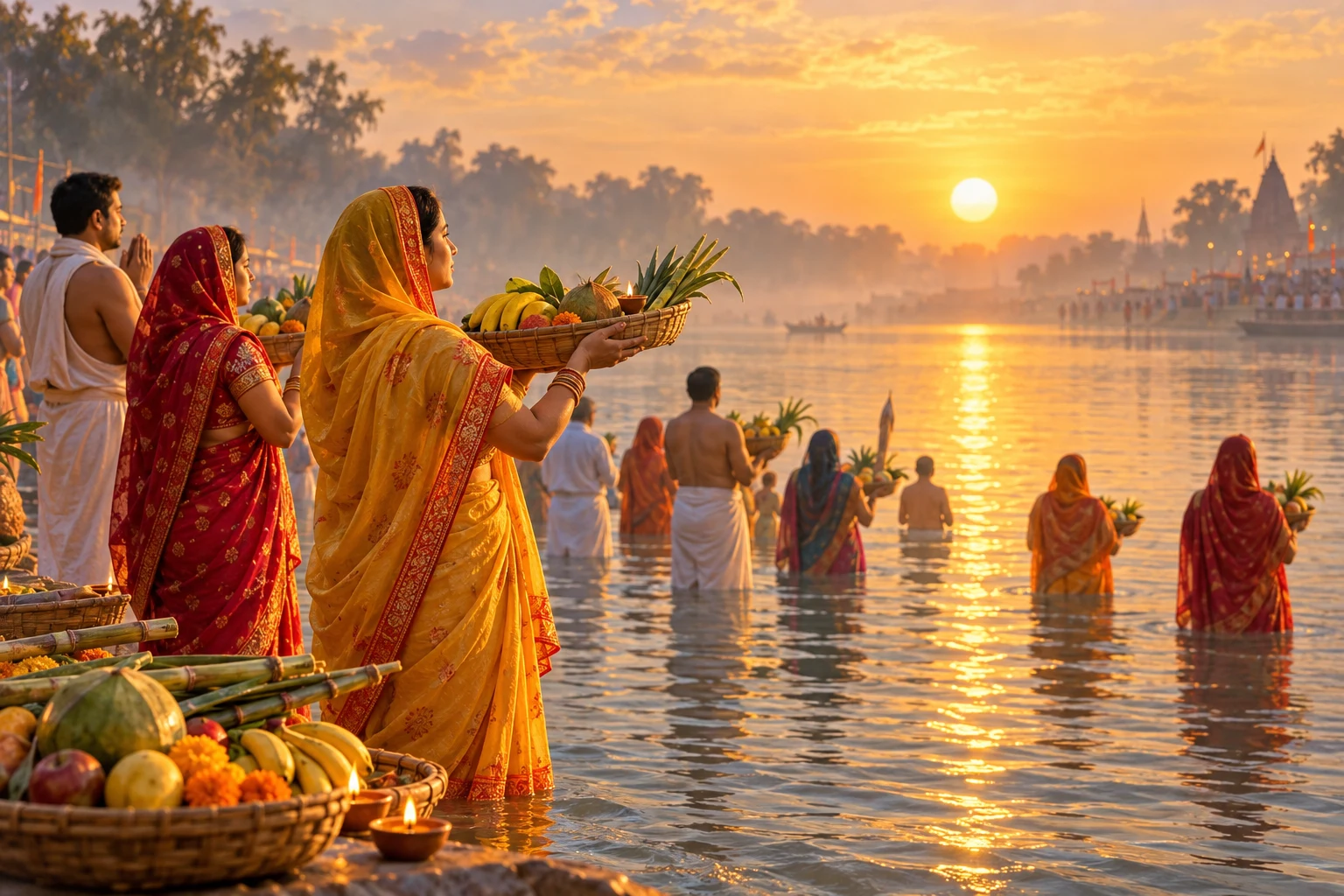 Families offering fruit baskets to the rising sun during Chhath Puja