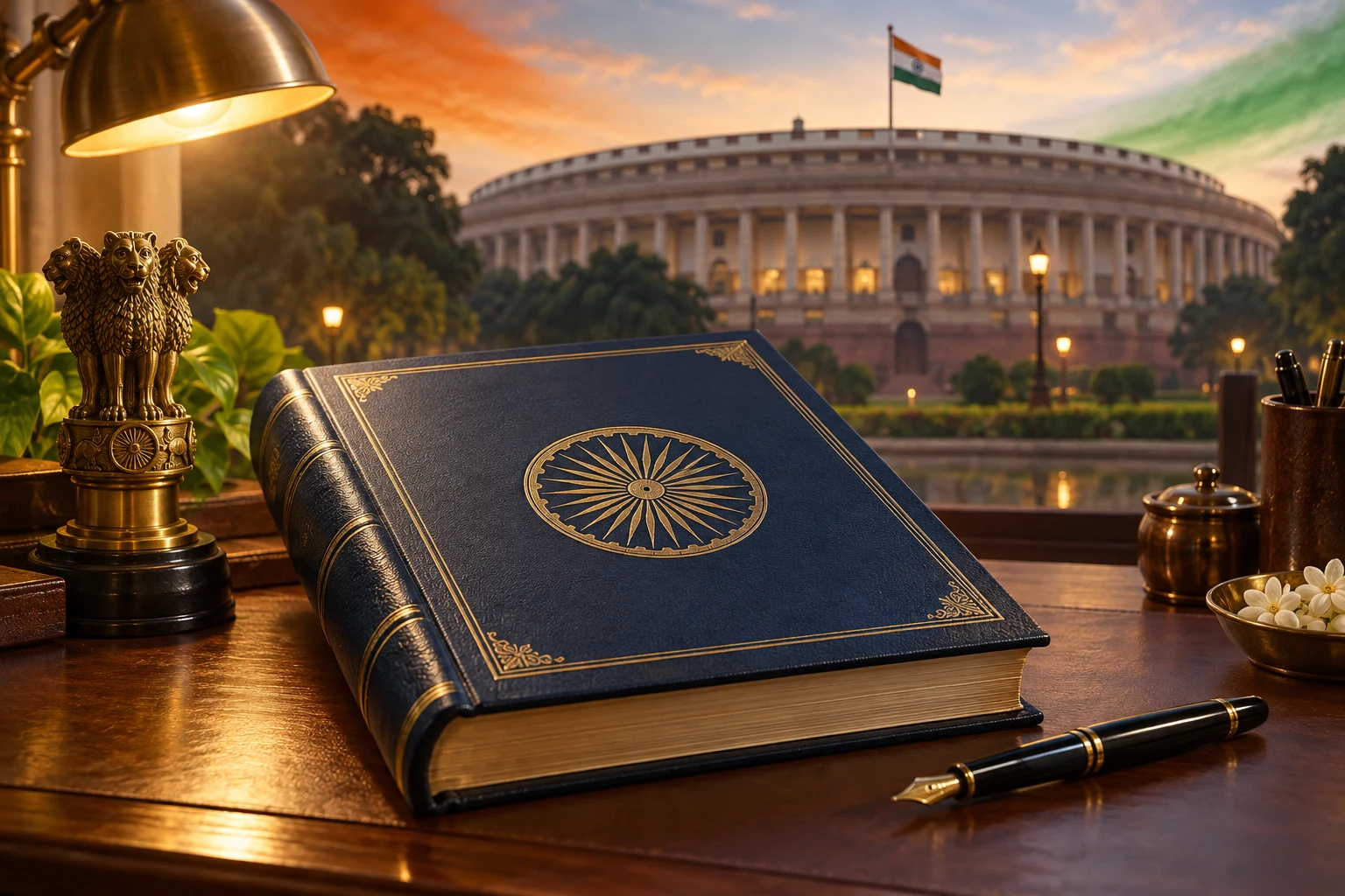 A symbolic Constitution volume and Ashoka emblem before India's Parliament